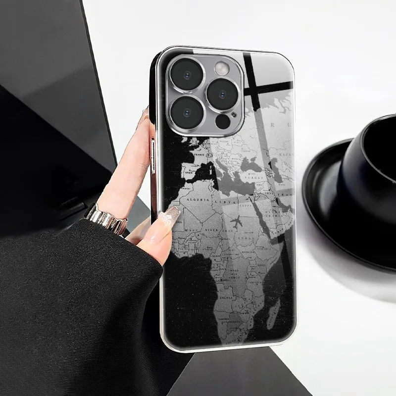 Sleek Glass Electroplated World Map Design Phone Case