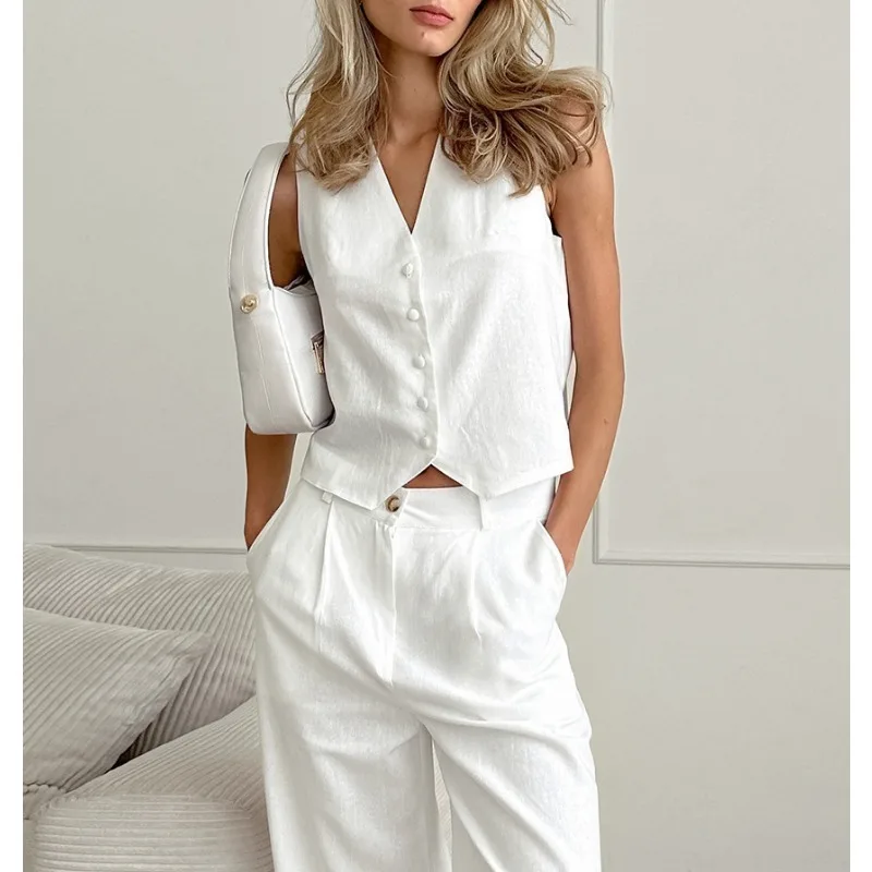 Women's Summer Fashion White Blazer Set Temperament Commuting 2024 Cotton Hemp Women Casual Clothes Sleeveless Vest & Pants Set