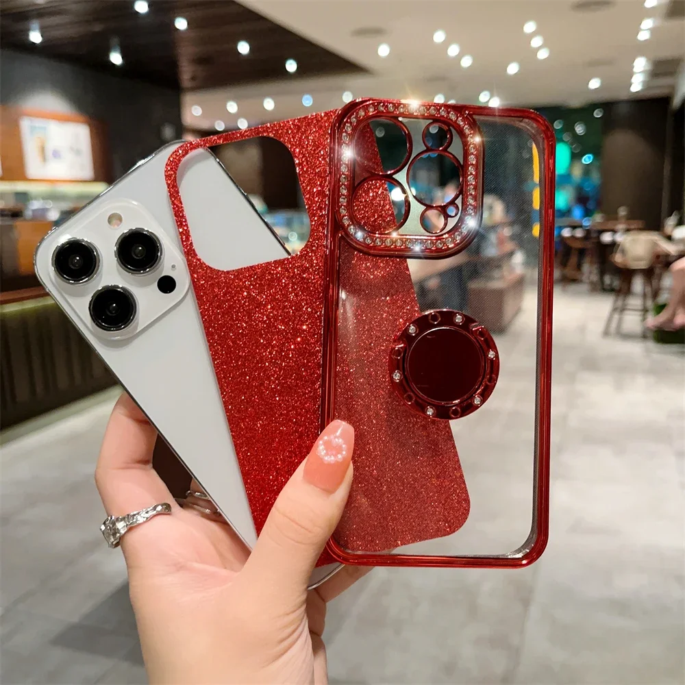 Luxury Plated Sequin Rhinestone Ring Stand Clear Phone Case For iPhone 15 14 13 11 12 Pro Max 7 8 Plus Soft Silicone Case