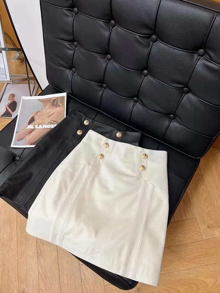 

Mini Skirts For Women 2023 New Korean Fashion A Line Genuine Leather Skirt High Waist White and Black Luxury