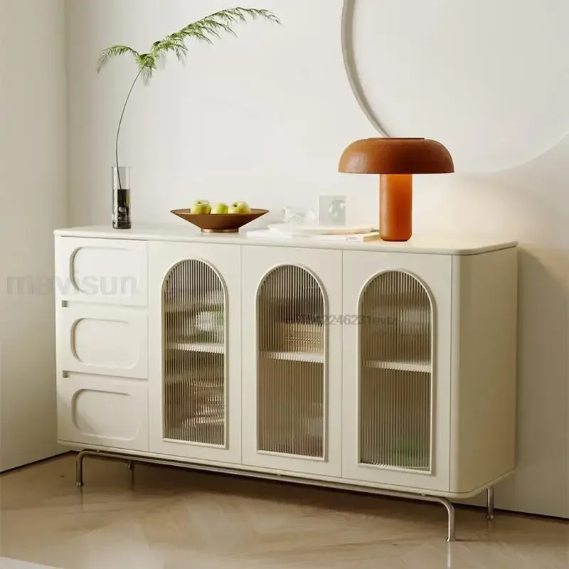 

Wooden Kitchen Cabinets Storage With Three Drawers Large Capacity Transparent Door Cream Style White Sideboard For Dining Room