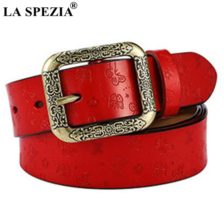 LA SPEZIA Genuine Leather Women Belt Red Square Pin Buckle Trousers Waist Belt Female Vintage Brand Cowskin Embossed Belt