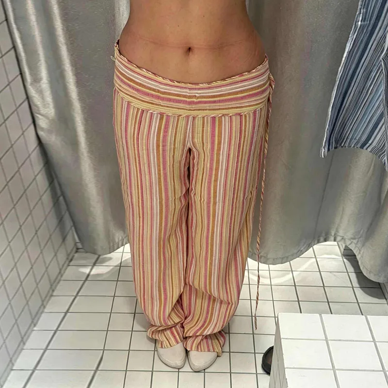 Striped Women's Trousers Low Waist Tie Casual Pants Vertical Stripe Floor Length Pants Daily Fashion Wear 2026 Collection 1