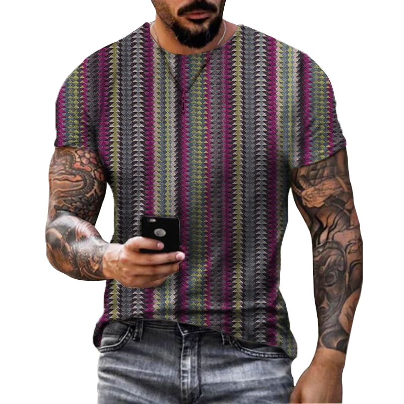 

Summer men's T-shirt Arabic style striped 3D printed T-shirt top casual round neck short sleeved men's oversized polyester top