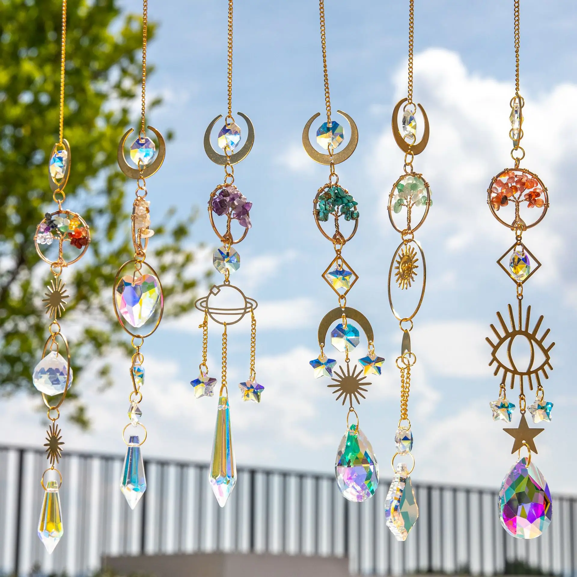 Tree of Life Agate Moon Suncatcher Crystal Pendant Prisms Rainbow Wind Chimes for Home Garden Window Christmas Tree Decoration