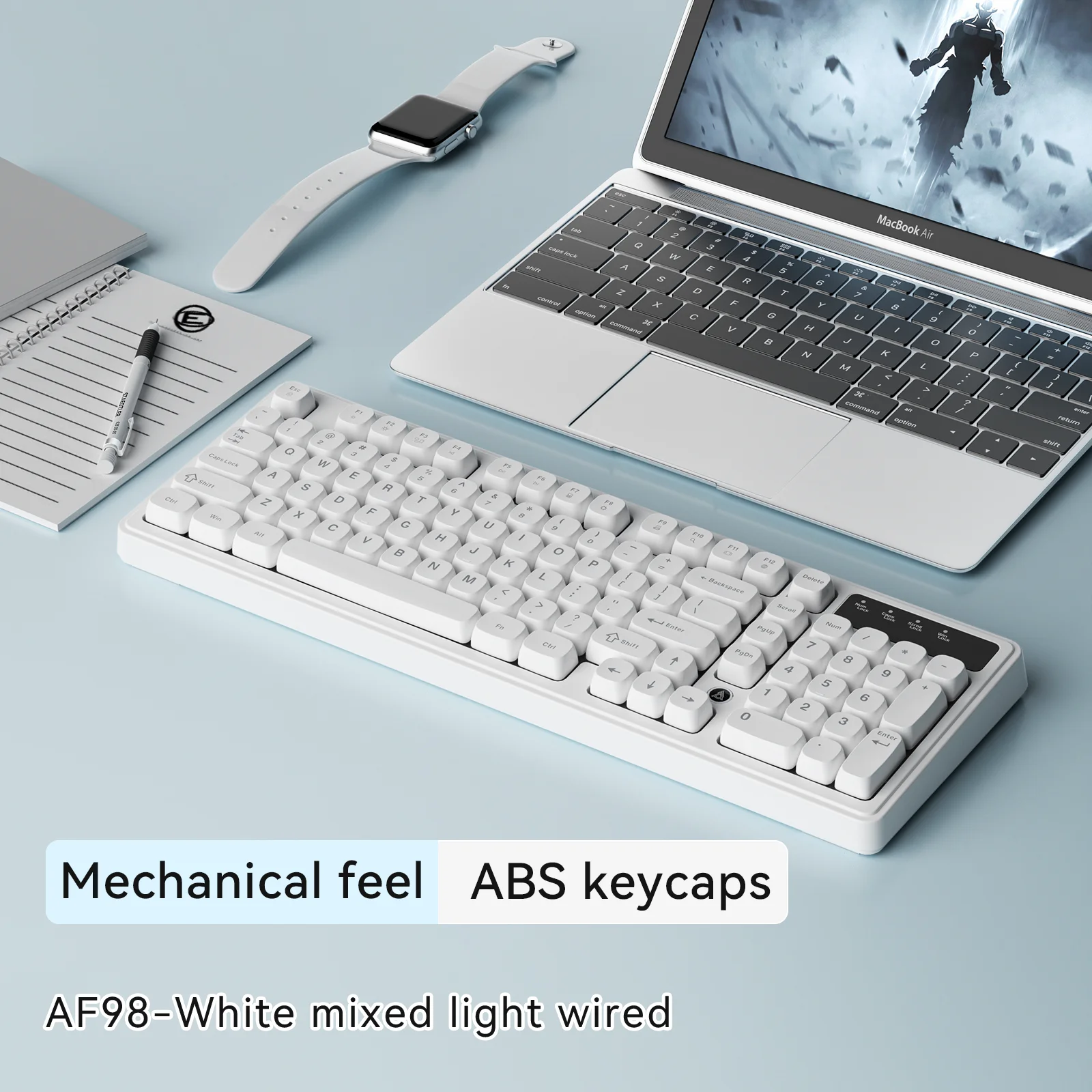 Ajazz af98 teclado com fio/sem fio, sensação mecânica, escritório, bateria de longa duração, três modos, rgb, luz mista, abs, ergonomia