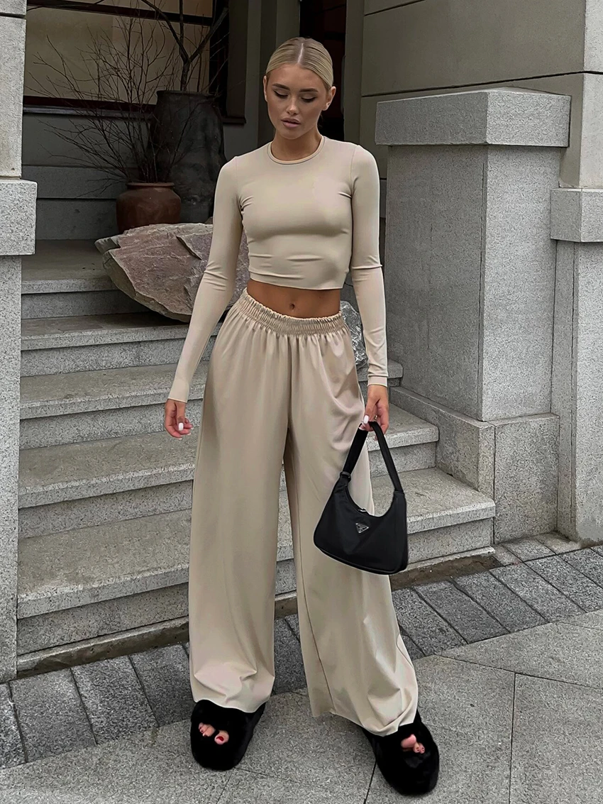 Marthaqiqi Spring Home Clothes For Women O-Neck Sleepwear Long Sleeve Nightgowns Crop Top Pajama Pants Casual Female Nightie Set