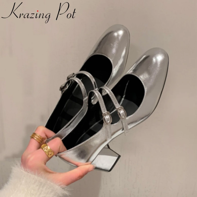 

Krazing Pot Big Size Genuine Leather High Heels Shallow Solid Spring Shoes Concise Dating Dress Mary Janes Elegant Women Pumps