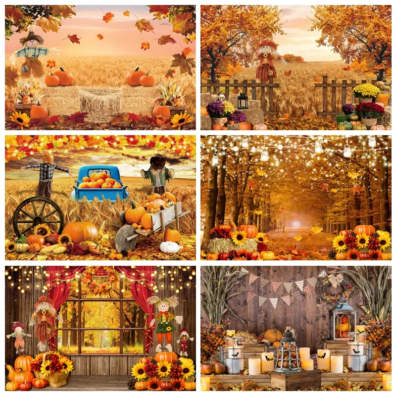 

Autumn Scenery Backdrop Thanksgiving Harvest Wheat Field Maple Forest Photocall Pumpkin Sunflower Photography Background Photo