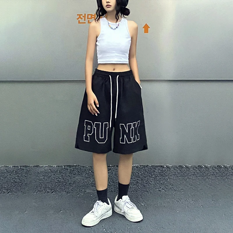 Man Women Couples Casual Shorts Elastic Waist Letters Printed Loose Straight Cropped Pants Women's Summer  Wide Leg Casual Pants