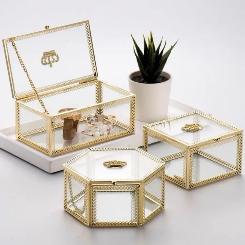 1pc European Crown Earrings Ring Storage Box Gold Glass Transparent Jewelry Tabletop Jewelry Organizer Box Excluding Jewelry 6