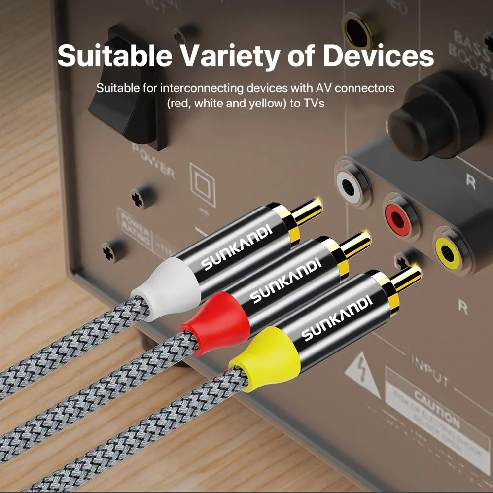 Premium SUNKANDI 24K Gold Plated RCA Audio Video Cable with 3RCA Male Connectors