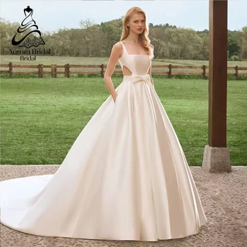 فساتين زفاف أورورا بسيطة على شكل حرف a بحمالات رفيعة من الساتان لـ Mariages بجيوب على شكل فيونكة وأزرار من Vestidos Novias Boda مخصصة