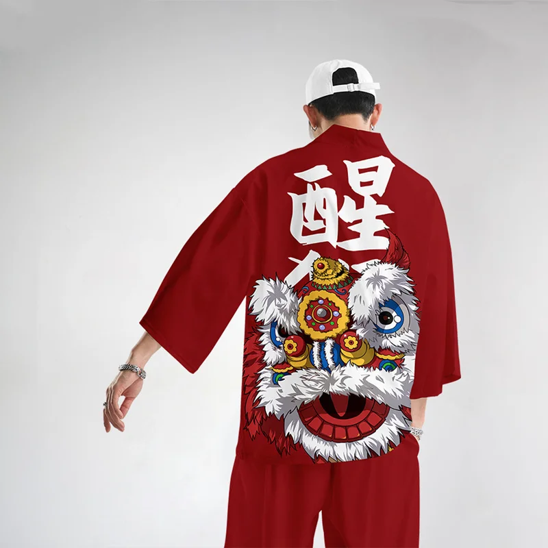 Chinese Dragon Lion Dance Print Shirt Clothing Traditional Haori Cosplay Kimono Women Men Japanese Streetwear Cardigan Yukata