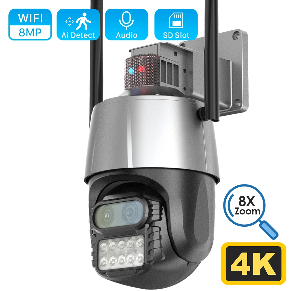 

4K 8MP Outdoor Wifi Camera with Anti-theft Siren Alarm Dual Lens 8X Zoom PTZ Speed Dome Camera CCTV IP Camera