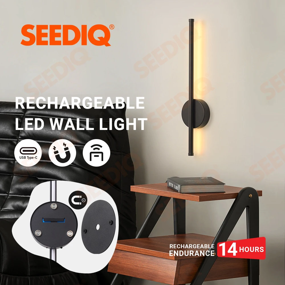 Rechargeable Wall Light With Remote Control Dimming 50 80cm Black Wall Sconce 3 in 1 Easy Installation Mounted Lamp
