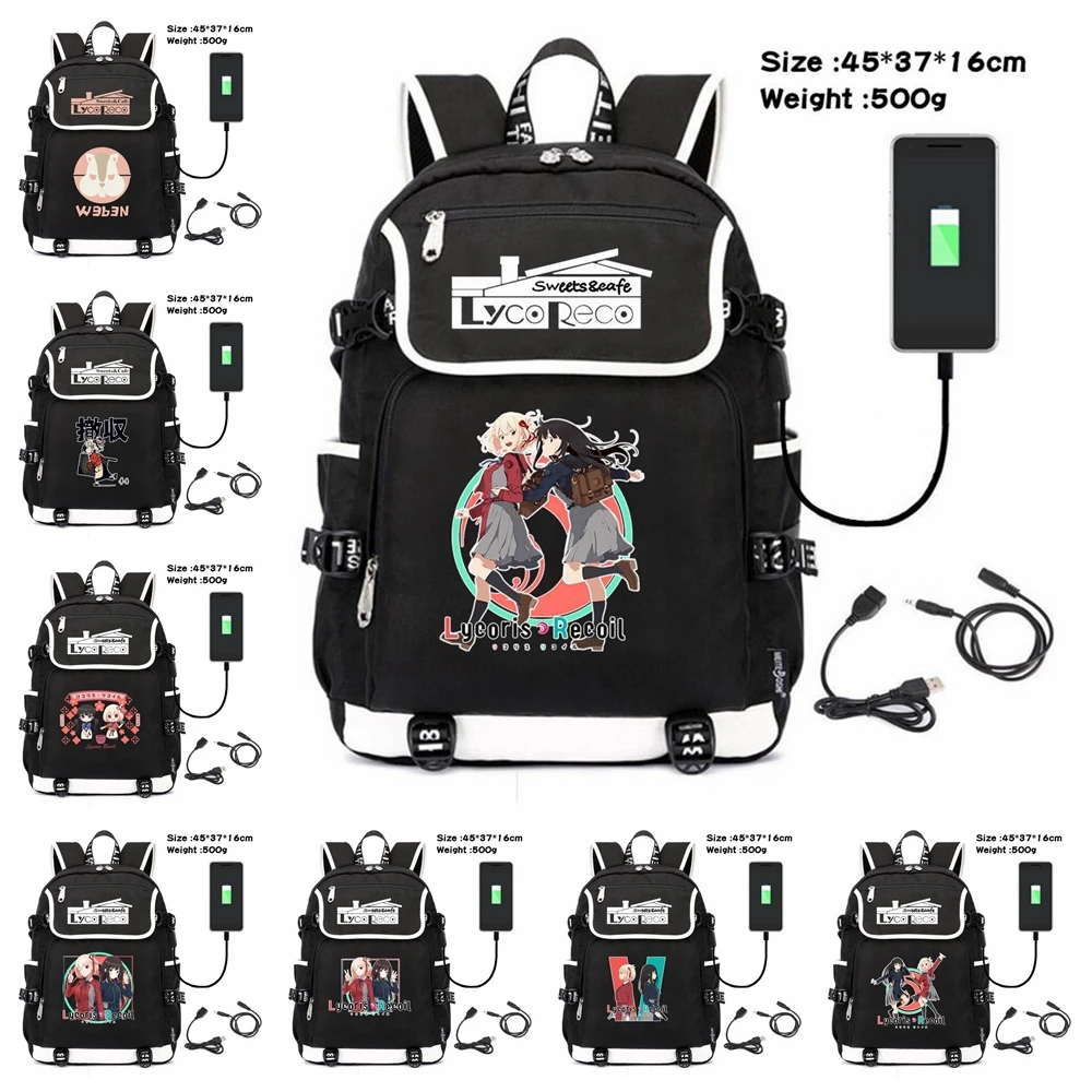 

Anime Lycoris Recoil Backpacks Student School Book Bag Men Women Backpacks USB Rucksack Travel Bags Casual Laptop Shoulder Bags