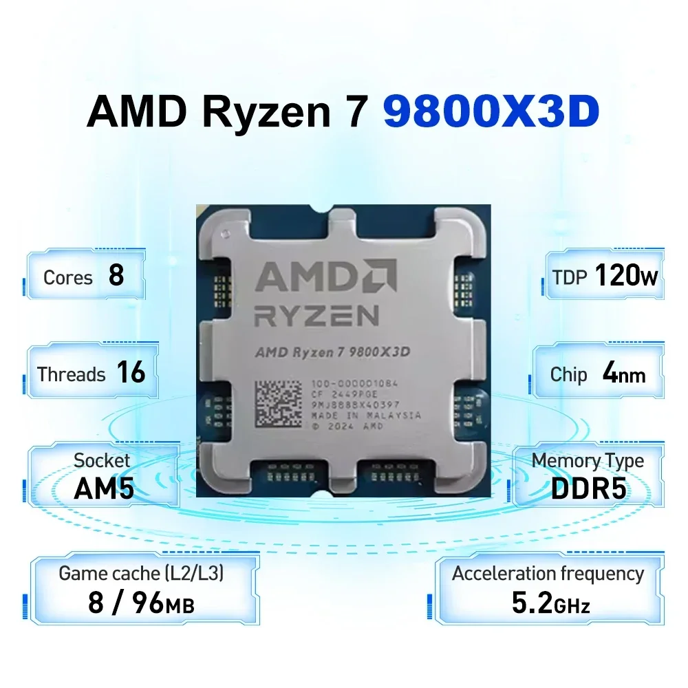 새로운 AMD 9800X3D 8코어 16스레드 4.7GHz5.2GHz 96MB 3D V 캐시 AM5 4nm DDR5 120W 팬 없는 성능 몬스터