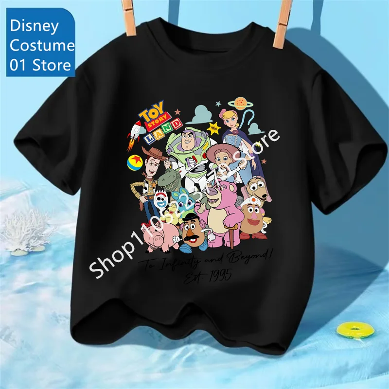 핫 디즈니 2026 베이비 남아 및 여아 반팔 티셔츠 토이 스토리 우디와 버즈 라이트이어 프린트 크루넥
