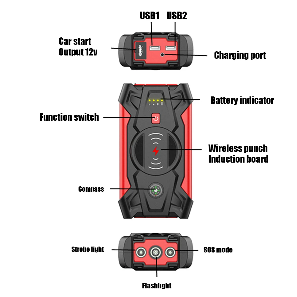 gooloo jump starter 28000mAh Car Battery Jump Starter Portable Emergency 12V Auto Battery Booster 5V/1A USB Output Wireless Charging LED Flashlight car jump starter