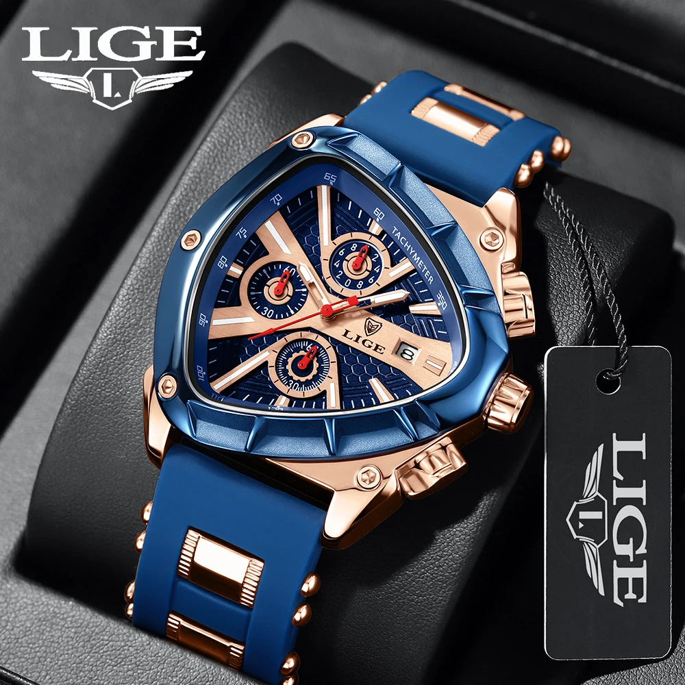 

LIGE Luxury Quartz Watch for Men Creative Triangle Dial Top Brand Business Chronngrapht Waterproof Wristwatch Silicone reloj