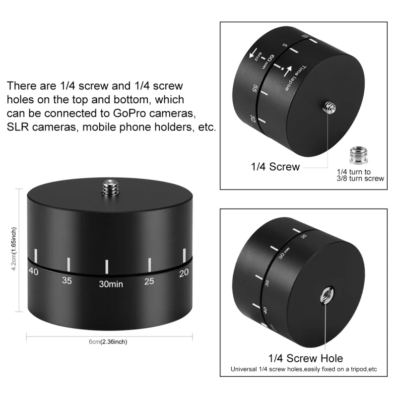 PULUZ 360-degree Rotation Panoramic Head 60 Minutes Automatic Time Lapse Tripod Ball Head For Action / DSLR Camera / Smartphones