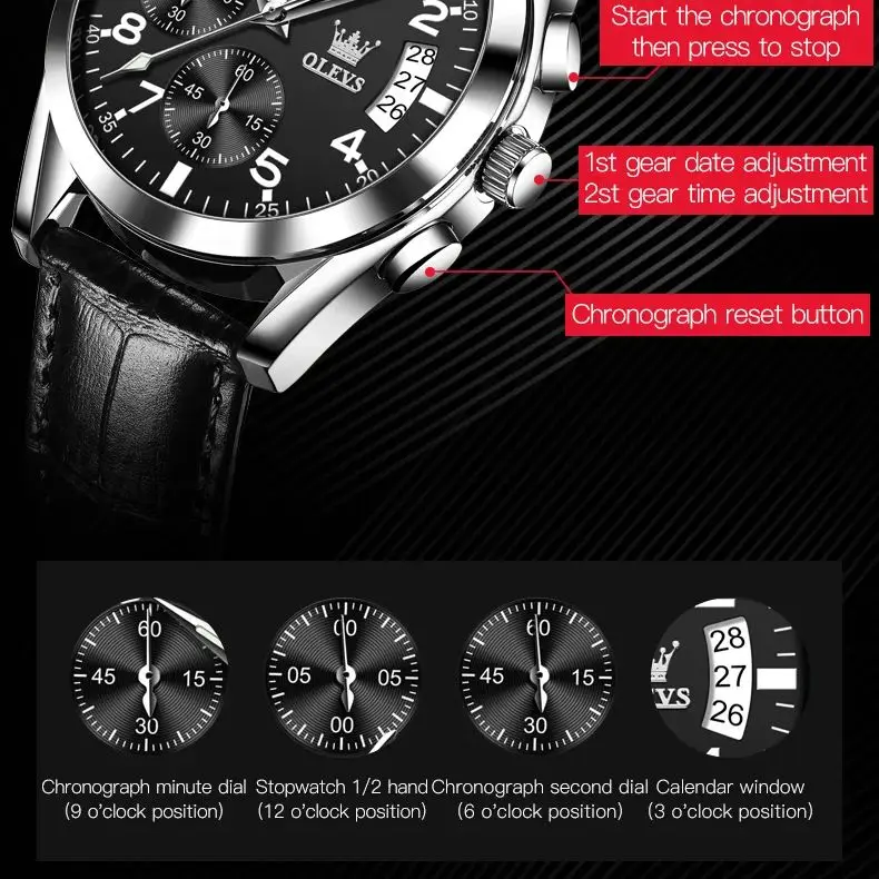ساعة كوارتز OLEVS للرجال بحزام جلدي أصلي وعرض التا...