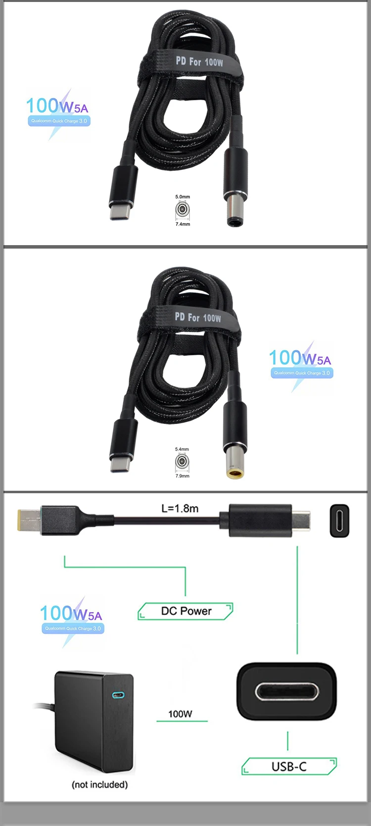 Usb tipo c para Adaptador de Alimentação ac Cabo do Cabo do Carregador Plugue para hp Asus Lenovo Dell Sony Notebook ac dc 1.5m 100w pd - Imagem 4