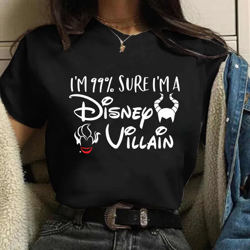 thumbnail image 1 of Camiseta de dibujos animados de Disney para mujer, ropa informal de manga corta, transpirable, con estampado de villanos y reina, para verano, 1 of 5