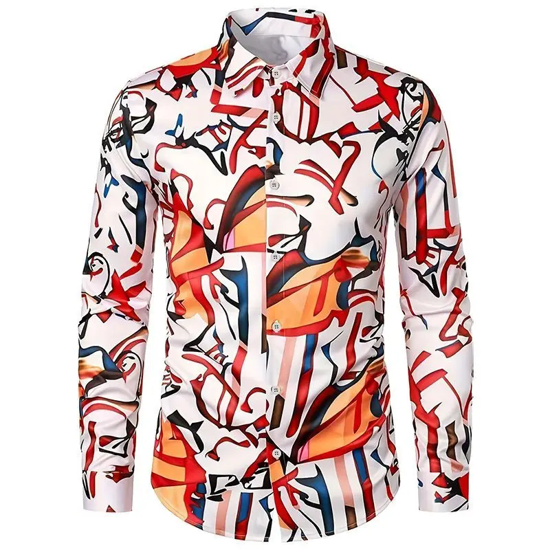 2024 Spring Autumn New Turn-down Collar Shirts Single-breasted Printed Casual Fashion Handsome Slim Long Sleeve Men's Shirt Tops