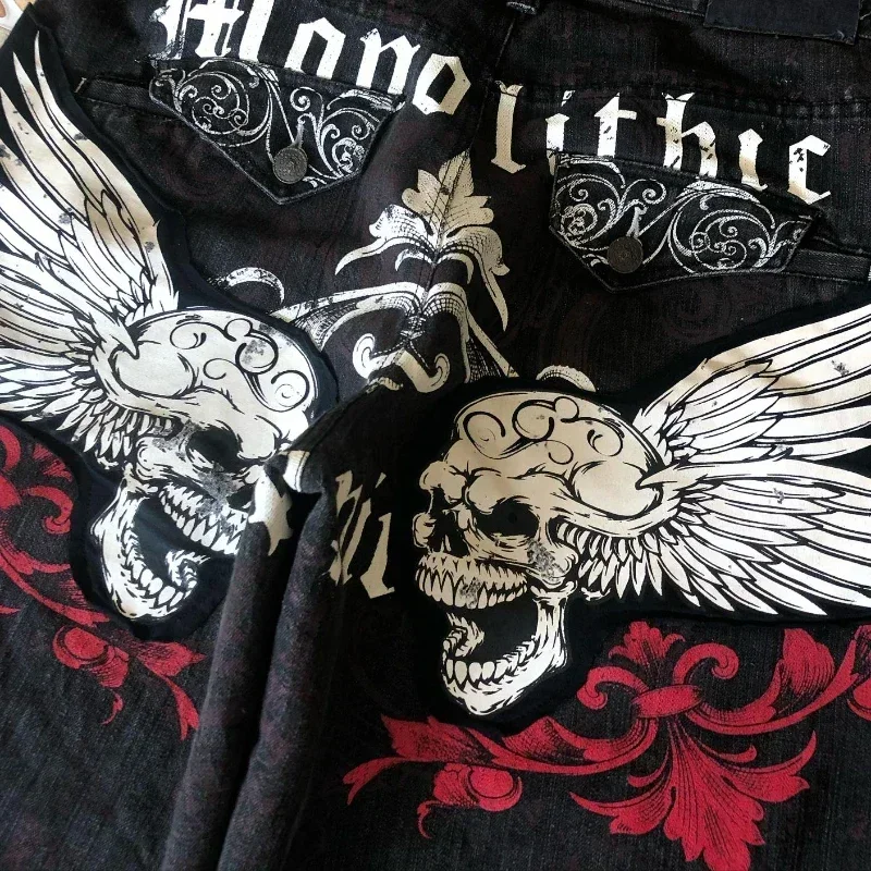American Summer Denim Shorts High Street Hip-hop Y2K Retro Dark Personality Trend Pattern Print Casual Loose Denim Shorts