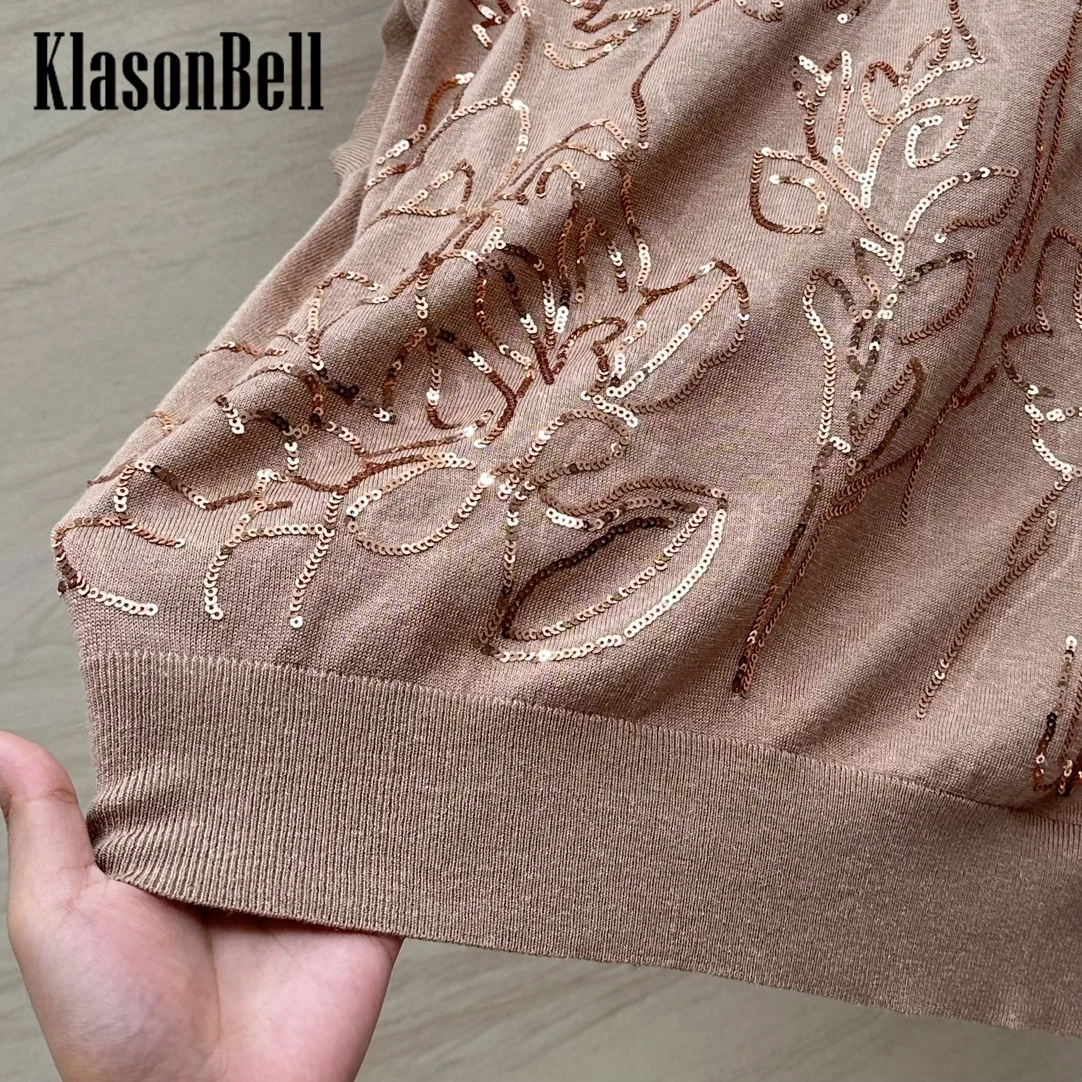 5.7 KlasonBell Fashion Klasyczny haft Cekiny Lniana cienka dzianina Top Odzież damska Luźny pulower z dekoltem w szpic