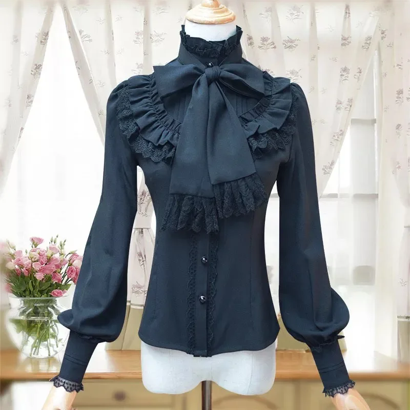 Ruched lace blouse long sleeves lolita women Victoria costume sweet high collar slim shirt button up formal jabot tops with tie lolita blouses