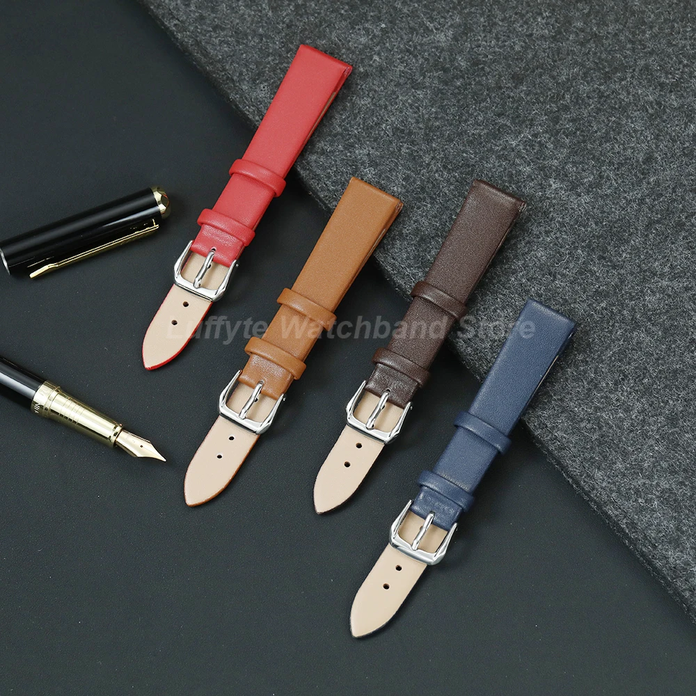 Elegant Women's Ultra-Thin Leather Watch Band - Soft & Comfortable in Black, Brown, Blue, Pink, and Green