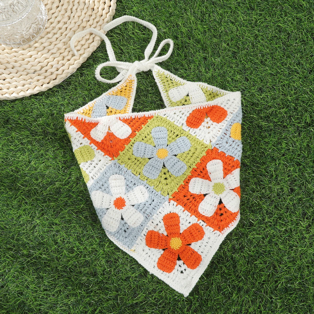 Knitted Butterfly Triangle Scarf Blue Bandana Hair Band For Women Crochet Flower Turban Headbands Summer Fashion Headwarp