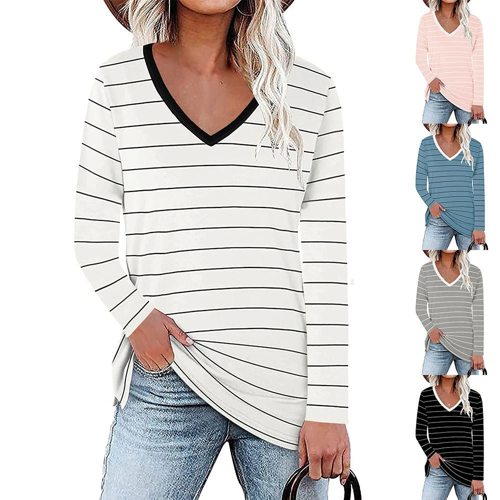 

New Women's Top Stripe Contrast V-Neck Side Split Long Sleeve T-shirt Autumn Spring Female Casual Fashion Tops Shirts Lady Cloth