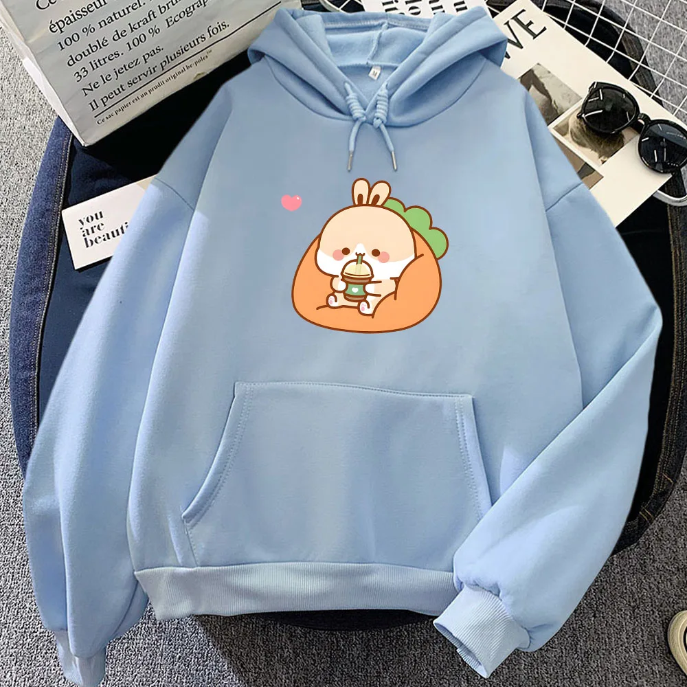 Rabbit Drinking Milk Tea Printed Hoodies Sudaderas Women/Men Clothes Moletom Winter Cartoon Graphic Print Sweatshirt with Pocket