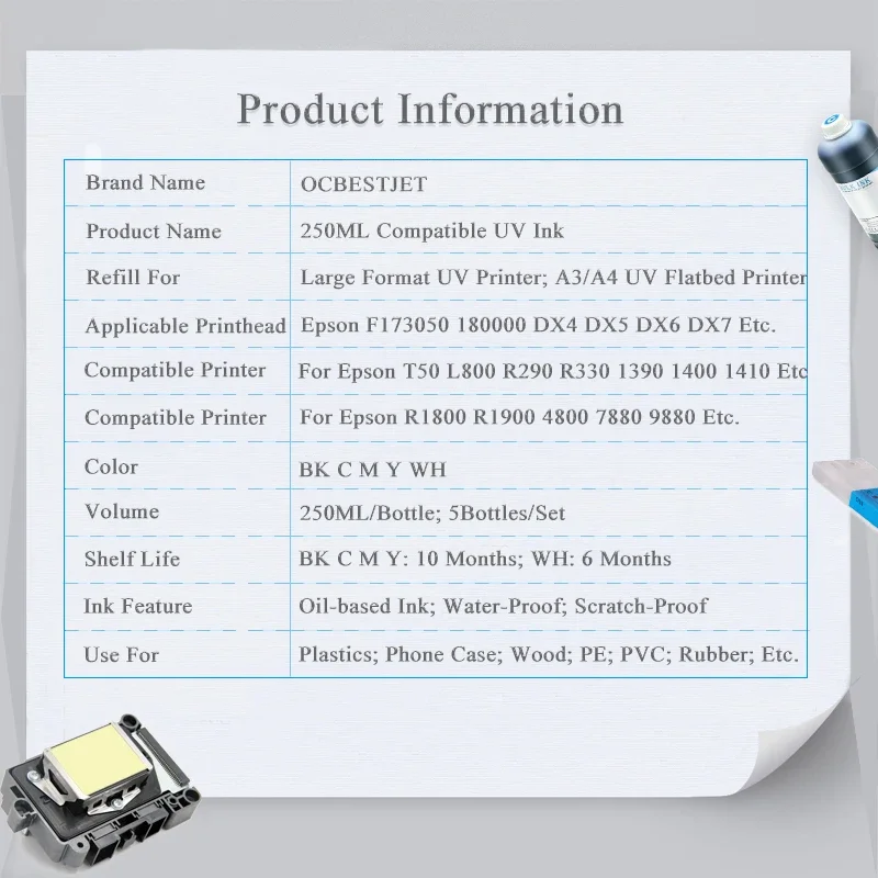 Printer UV ink 250ML*5 For Epson 1390 L800 1400 1410 1430 1500W R290 R330 L805 L1800 All Printer