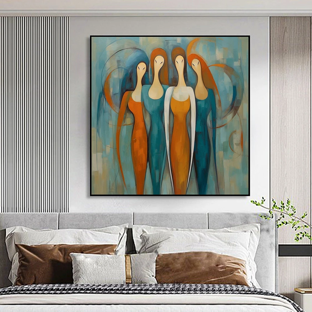 

Hand Painted Oil Painting Original Characters Oil Painting On Canvas Abstract Four Female Portraits Living Room Wall Decor
