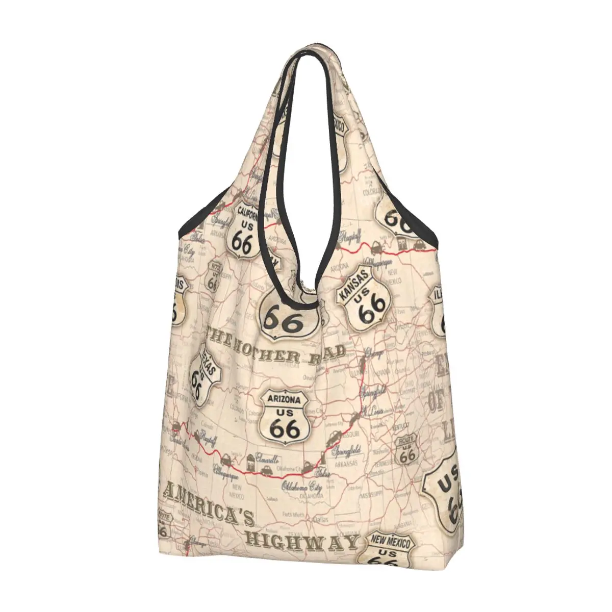 

Custom American Map Route 66 Pattern Shopping Bags Women Portable Large Capacity Groceries USA Highways Shopper Tote Bags