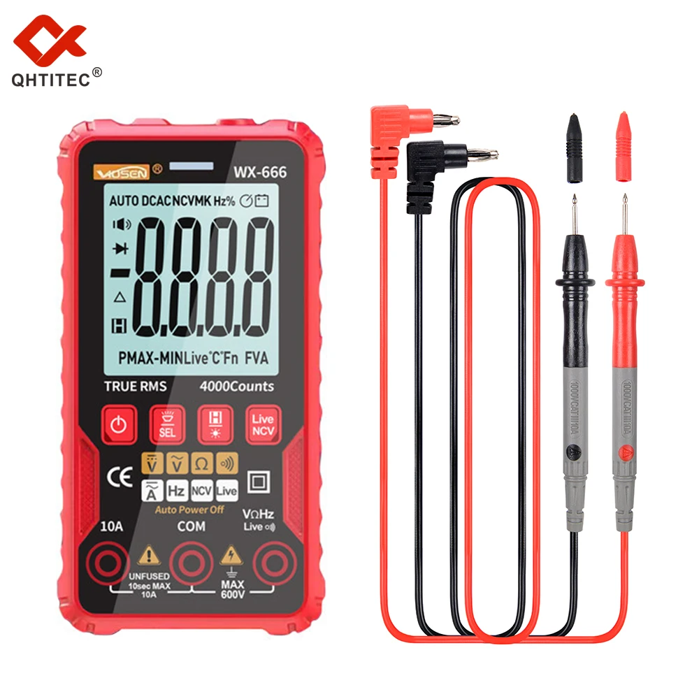 QHTITEC WX666 Digital Mini Multimeter Tester Auto Multimetro True Rms Tranistor Meter with NCV Data Hold 4000counts Flashlight