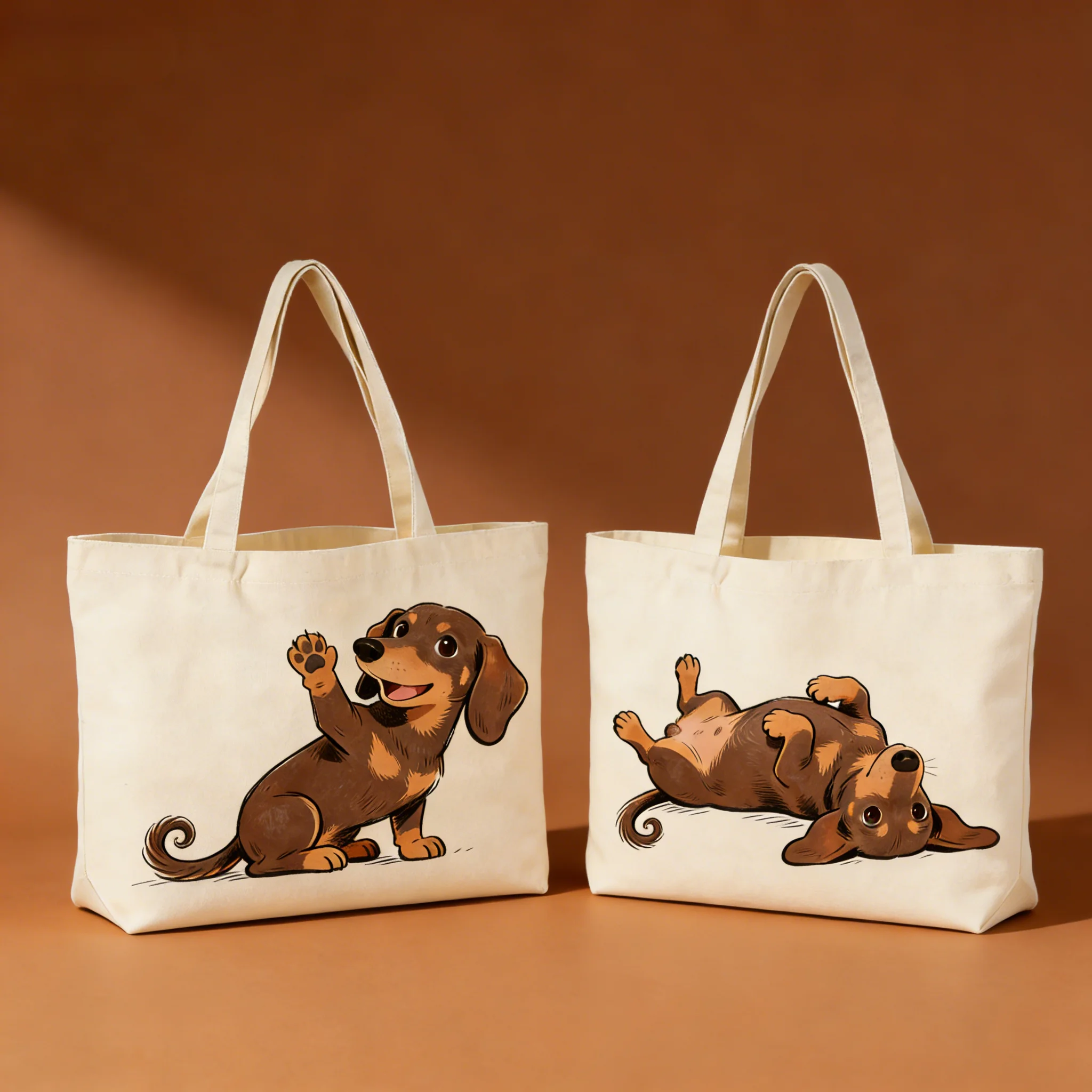 Lightweight canvas tote bags featuring cute cartoon graphics of sitting and rolling Dachshund dogs.