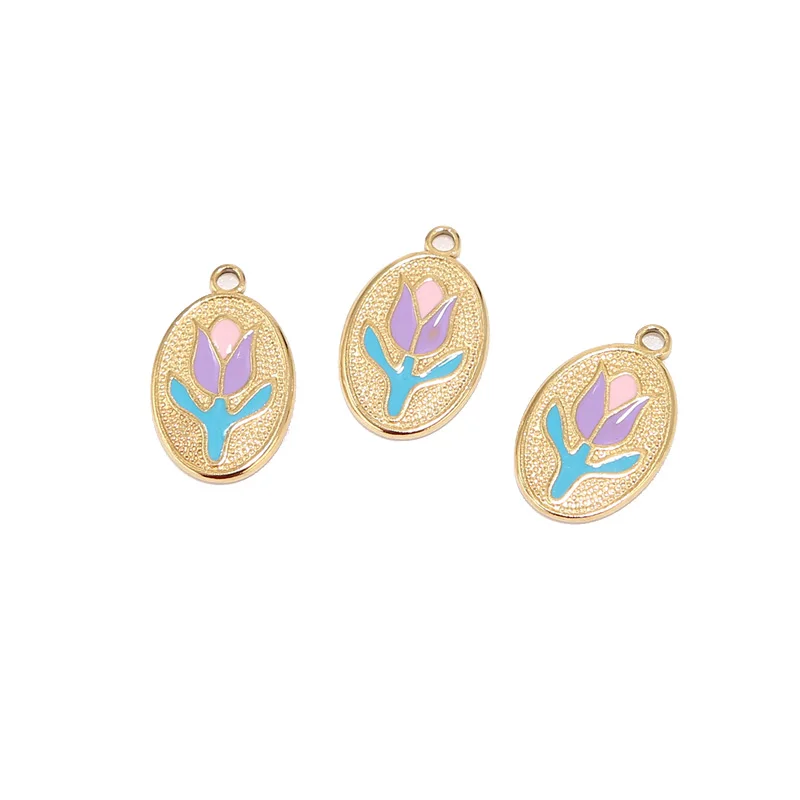 

10pcs Stainless Steel 12*18mm Oval Enamel Flower Pendants Charms for DIY Jewelry Necklaces Making Findings