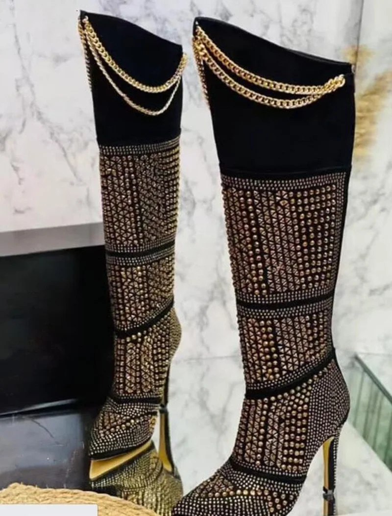 

Luxury Gold Studded Chain Over The Knee Boots Cover Heels Pointed Toe Metal Rivets Rhinstone Thigh High Boots Size44