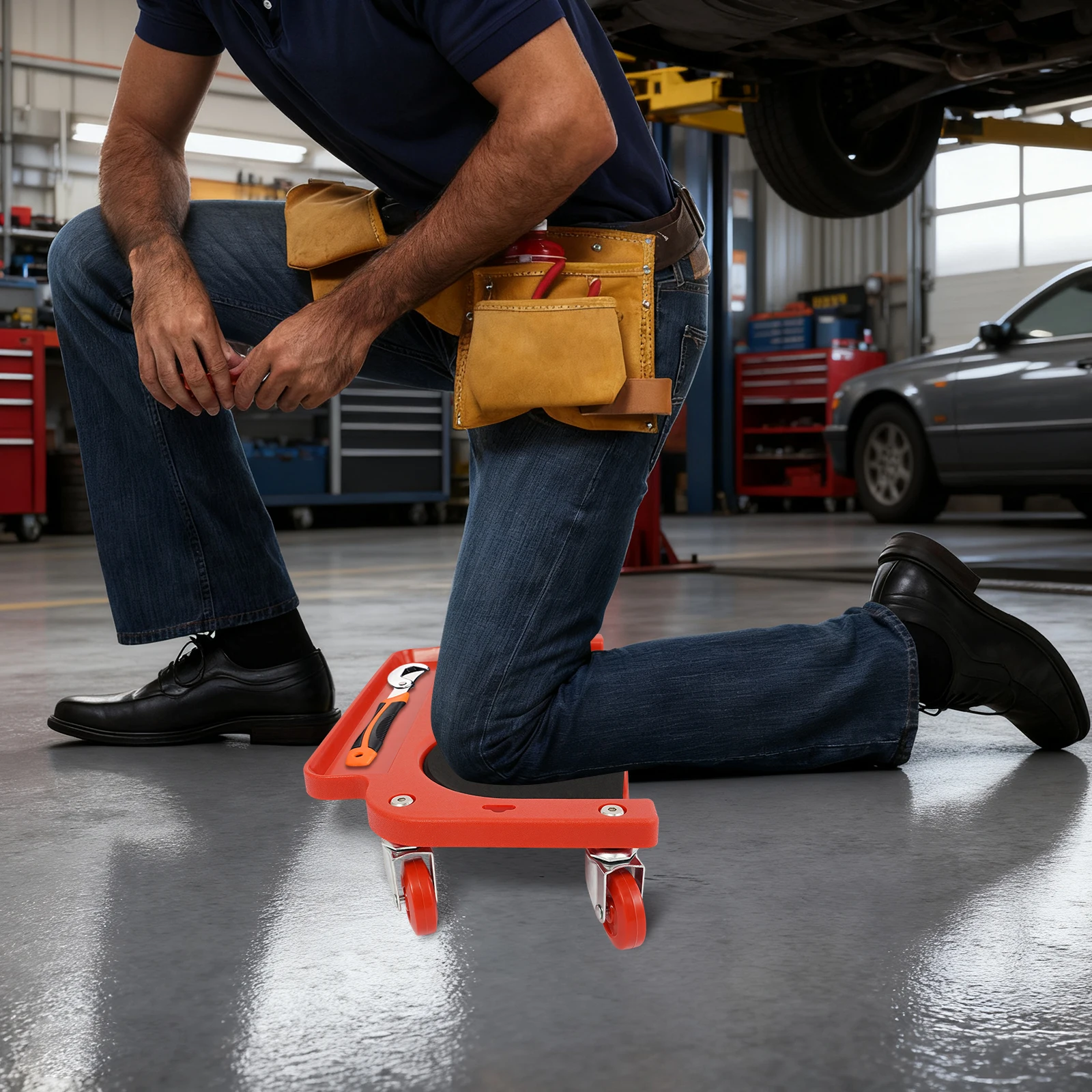 Rollbare Knieschoner, Kniepads für Autoreparaturen, Bewegliche Knie-Dollys mit Schwammpolsterung und Werkzeugablage 100kg/220,46lbs – Detail 12