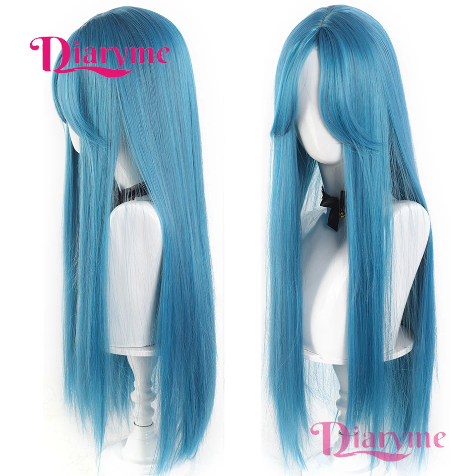 Long Silky Straight Synthetic Wig with Bangs Blue Green Cosplay Party Lolita Daily Wigs for Women Natural Heat Resistant Wigs