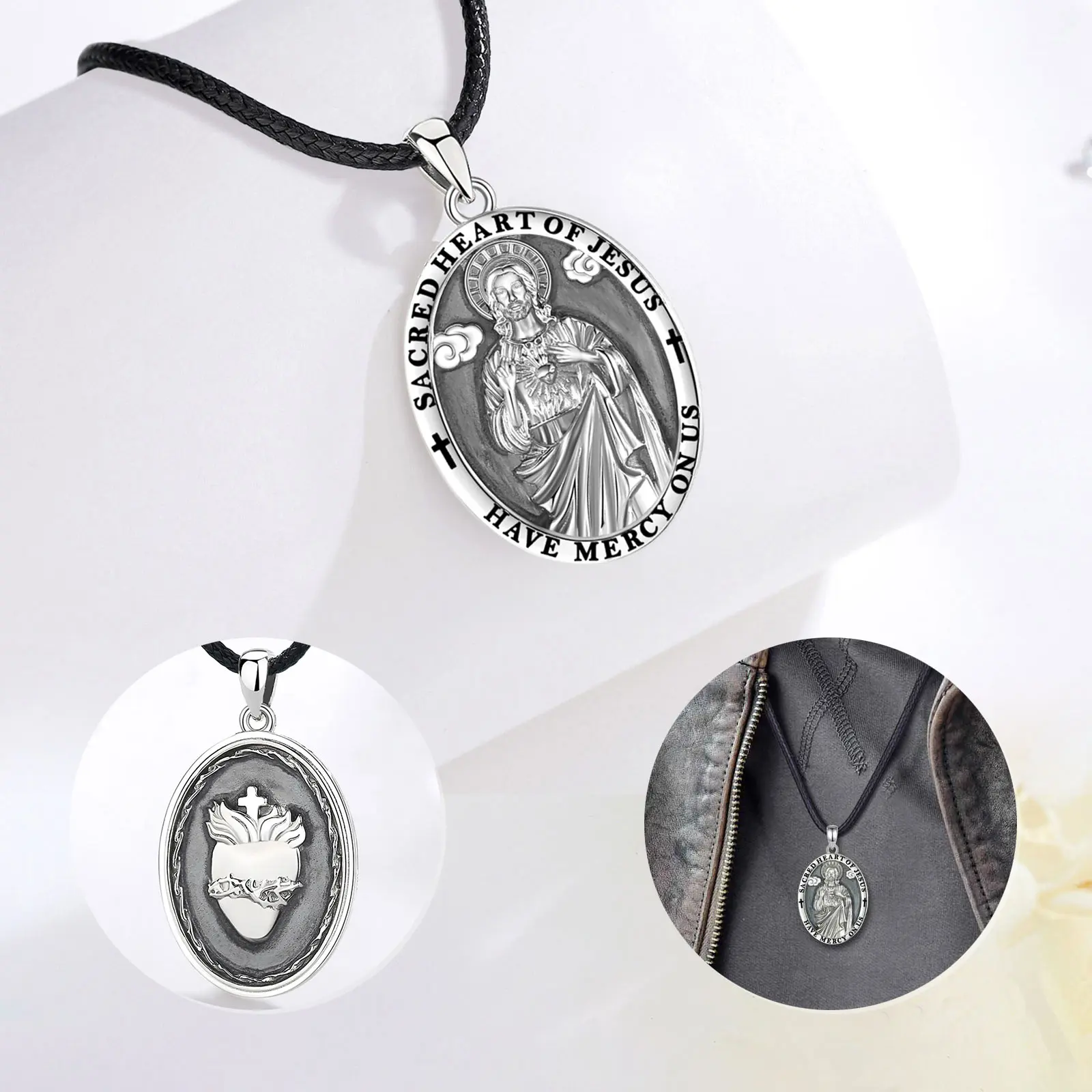 Eudora 925 Sterling Silver Jesus Necklace Sacred Heart Cross Christian Amulet Pendant Vintage Jewelry Personality Gift For Men