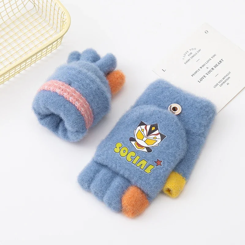 5-12Y Cute Children Gloves Winter Autumn Half Finger Flip Cover Warm Boy Girl Mittens Cartoon ultraman Kids Cycling Gloves 6