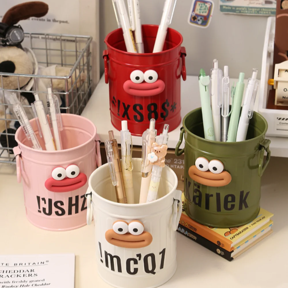 Student Pen Holder Office Desktop Storage Box Cute Creative Iron Art Pen Bucket Stationery Organizer