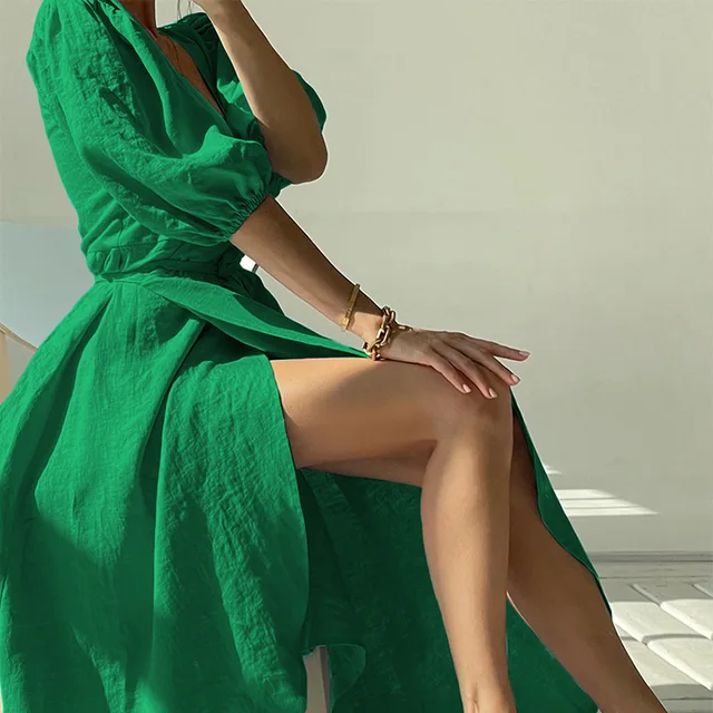 Midi Dress Oysho Green Dress Elegant Solid Color Puff Sleeve Split